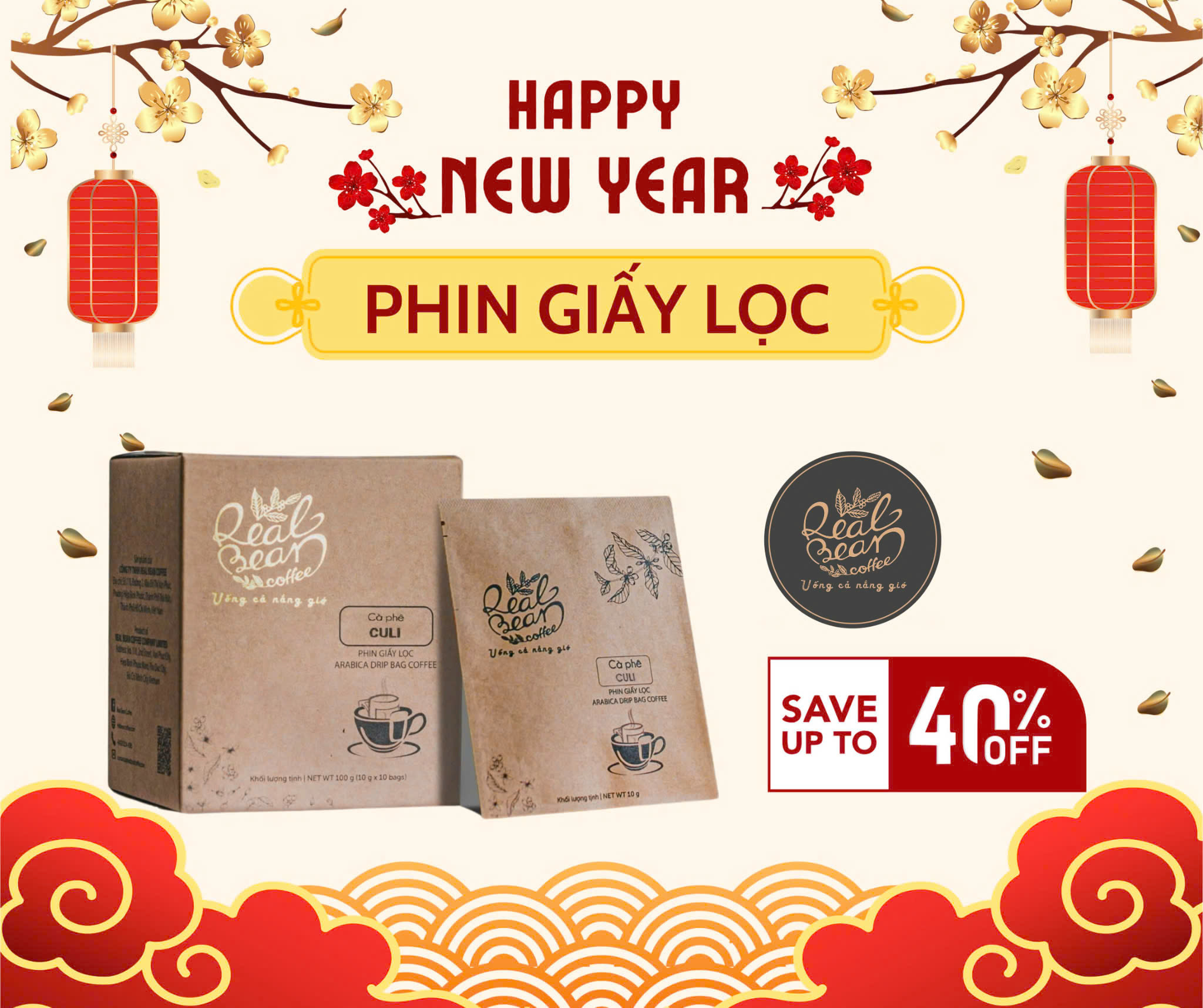 Cà phê phin giấy tiện lợi – Hộp 10 Gói – 100% Rang Mộc – Vị Đậm, Thơm Nồng – REAL BEAN COFFEE