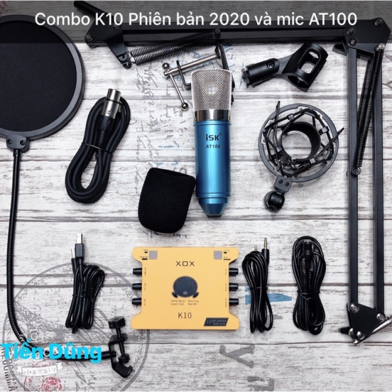 Bộ mic thu âm ISK at100 sound card xox k10 2020 phiên bản tiếng anh chân dây - combo livestream micro AT100 đã đầy đủ