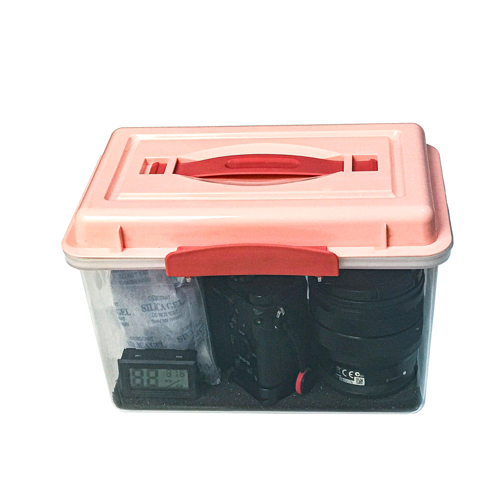 Combo hộp chống ẩm máy ảnh, flycam 3 lít (ẩm kế điện tử, 100g hạt hút ẩm xanh, tặng mút xốp)
