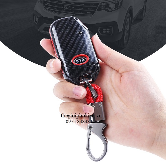 Ốp chìa khóa carbon bọc, bảo vệ chìa khóa xe Kia Sorento 2021 kèm móc đeo INOX