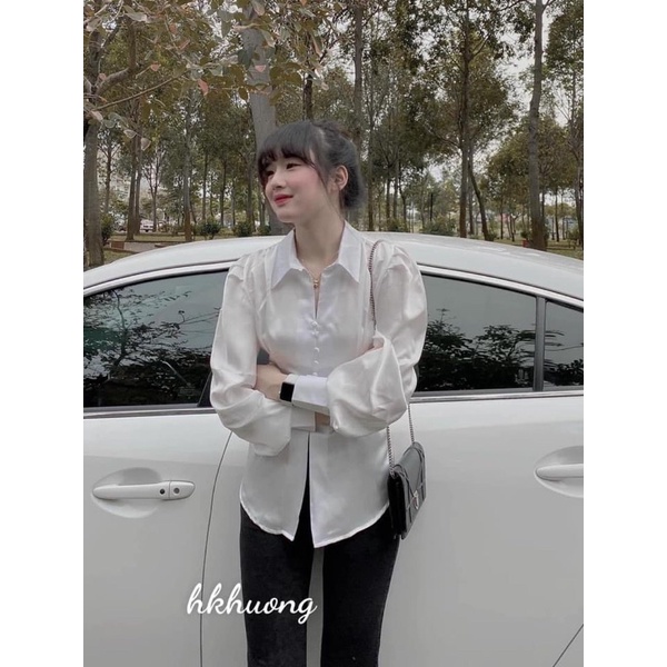 Áo sơ mi lụa sẻ nơ sau cúc ngọc gs80