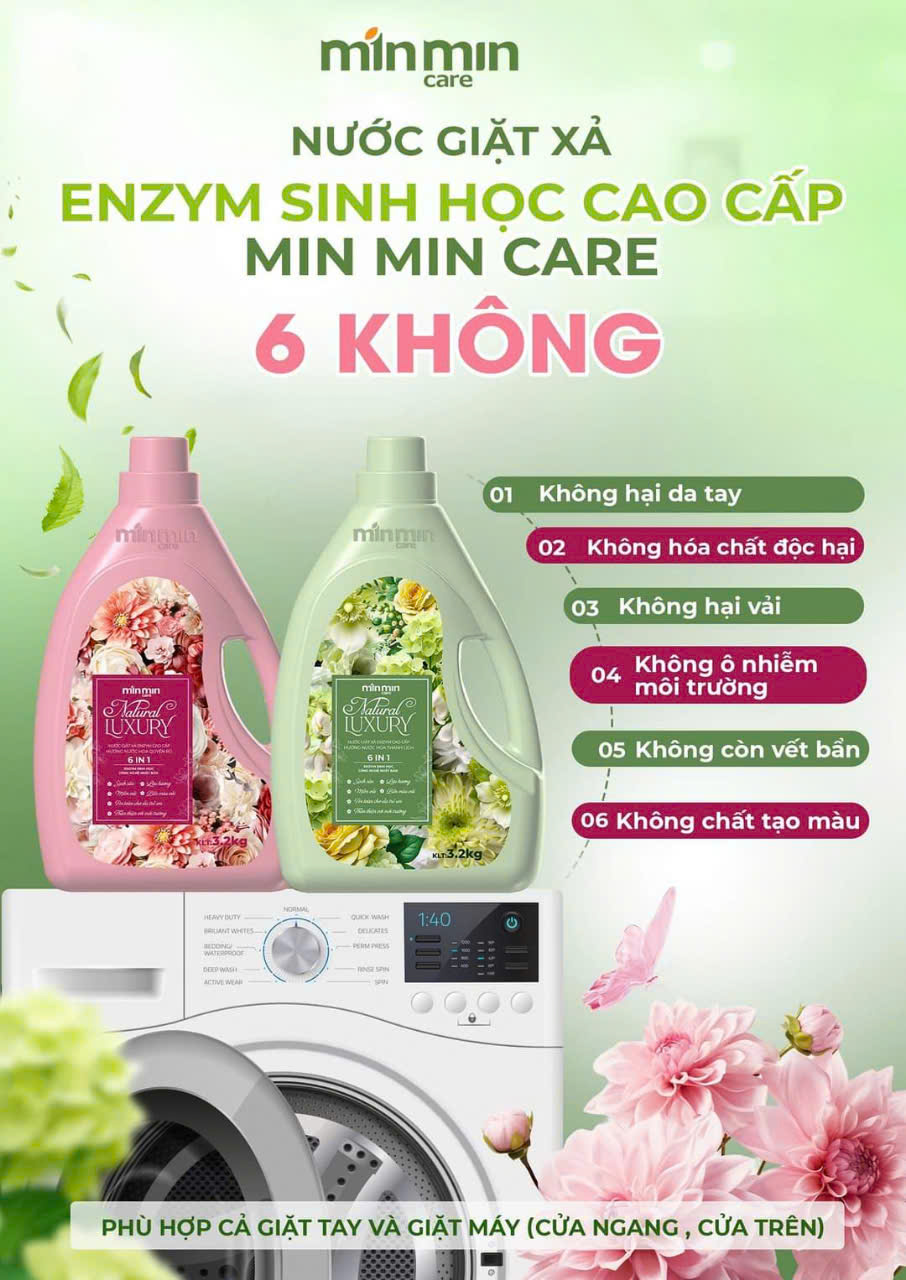 nước giặt minmin care thùng 2 can 6,4 lít giặt-xả enzym sinh học sạch sâu,lưu hương,an toán TẶNG nước lau sàn 1000ml
