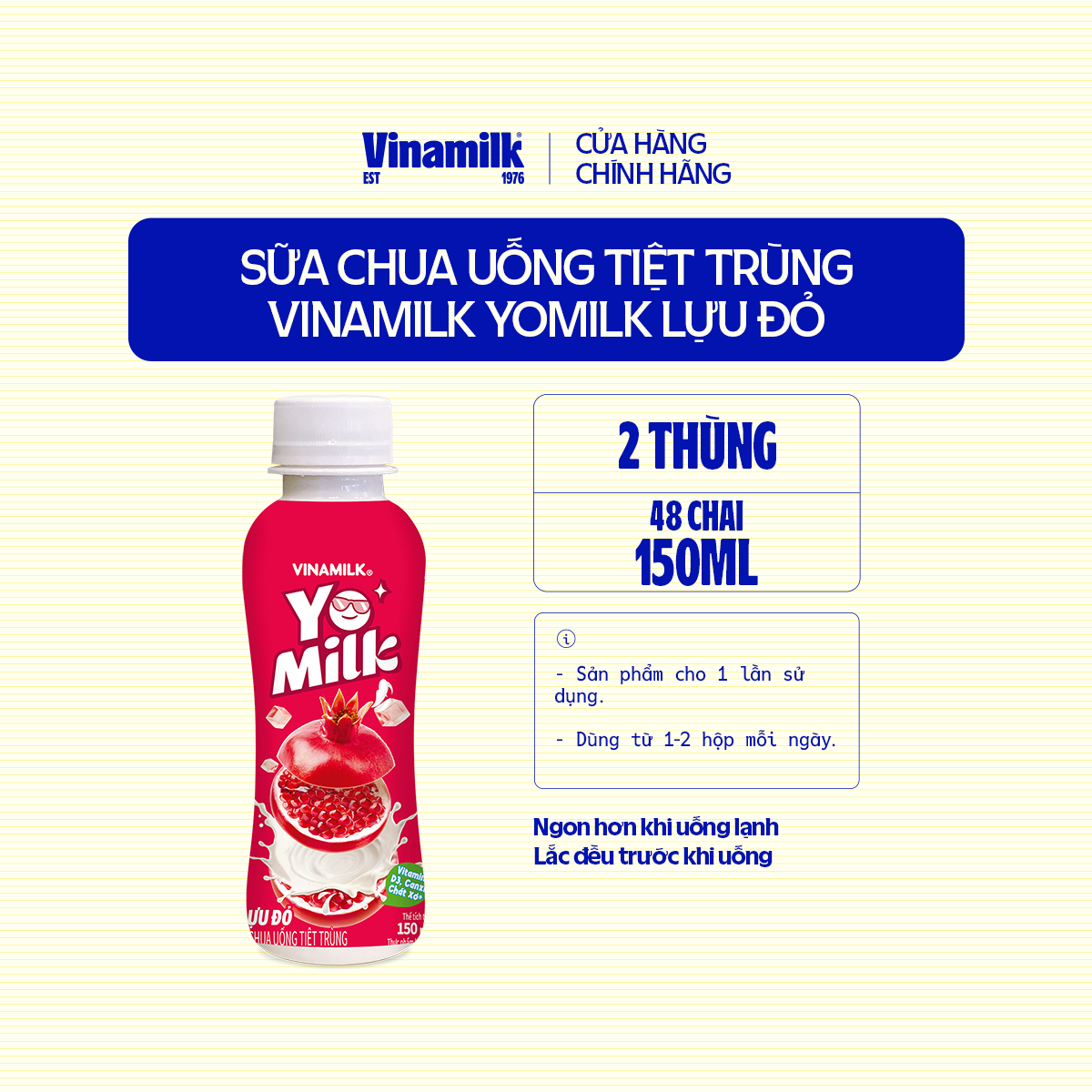 2 Thùng Sữa chua uống Yomilk Lựu Đỏ 150ml - 24 chai/Thùng