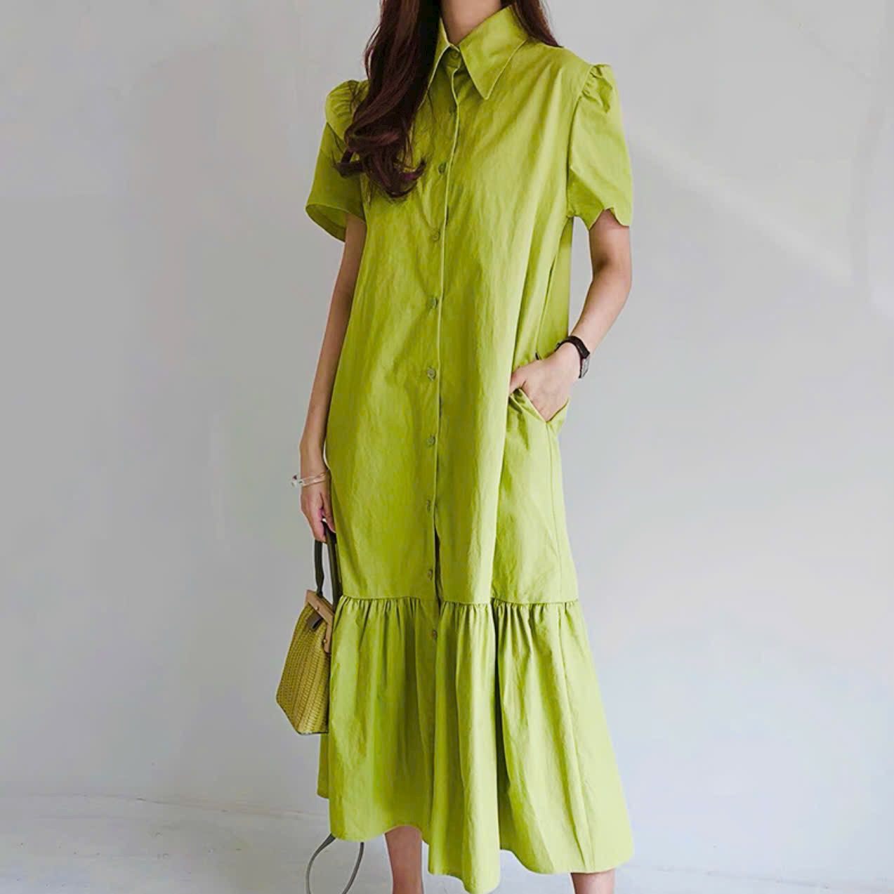 Đầm nữ sơ mi xanh bơ đuôi cá