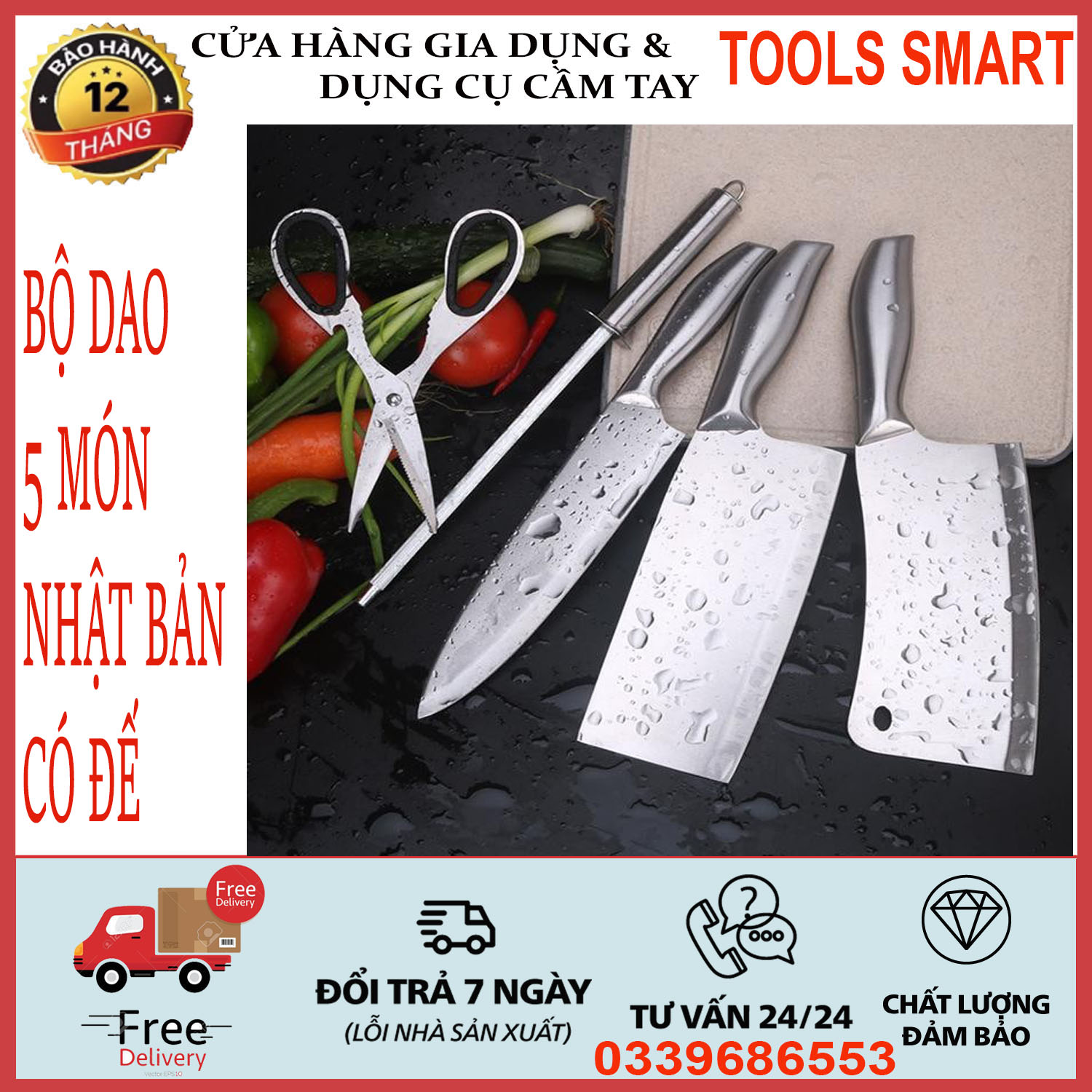 Bộ dao 5 món cao cấp nhật bản seki . bộ dao nhà bếp 5 món bộ dao đa năng 5 món hàng chính hãng . có giá để giao bằng nhựa. dao chặt xương thái thịt gọt hoa quả kéo dụng cụ mài dao