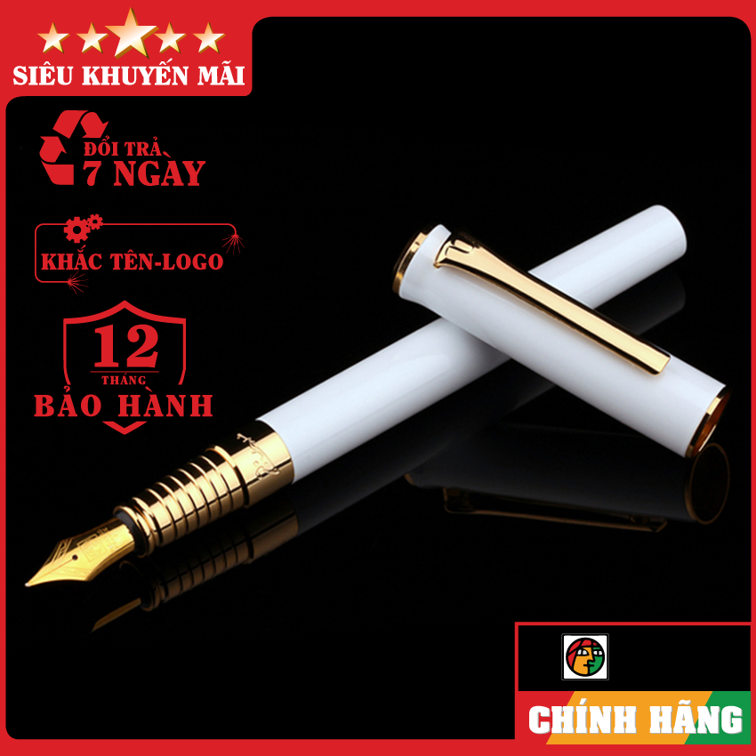 Bút ký cao cấp_Bút máy cao cấp Picasso 988FWH_Bút máy thân trắng cài vàng_Bút ký chính hãng_Bút ký khắc tên theo yêu cầu