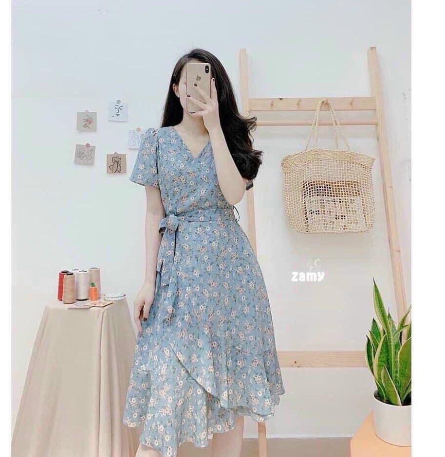 Đầm xòe vạt chéo nhún bèo cổ tim thanh lịch