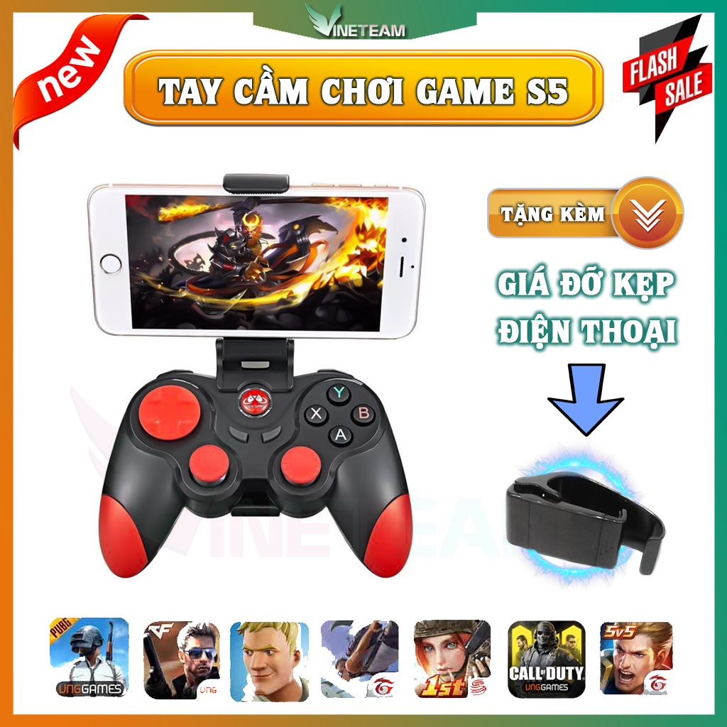 Tay cầm chơi game new s5 bluetooth kiêm giá đỡ điện thoại dung lượng pin 380-420mah chơi game pubg liên quân mobile ros cf fifa hỗ trợ tablet smartphone smart box smart tv pc android ios microsoft