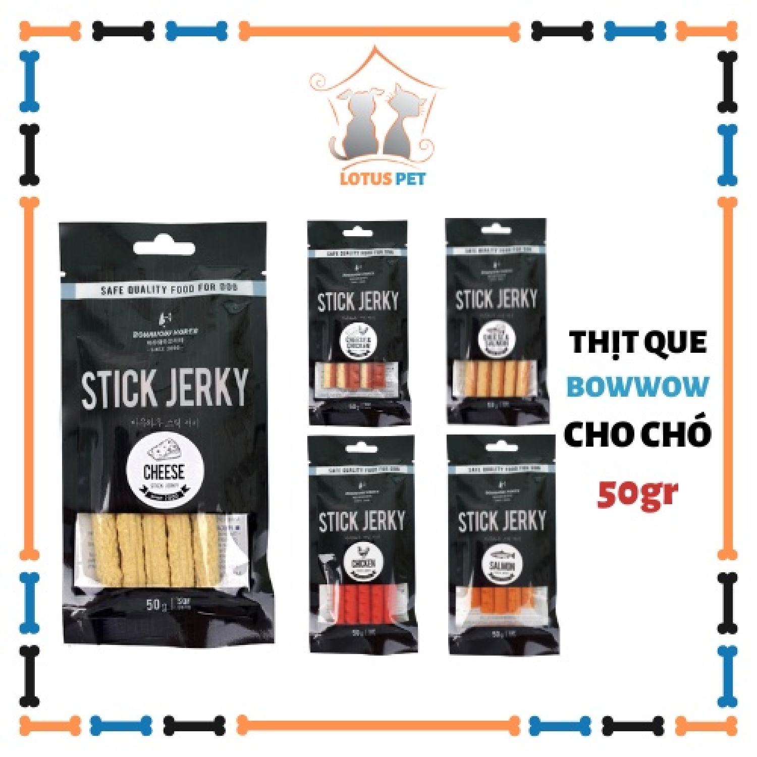 Thịt que Bowwow cho chó - 50gr (Gà que/Phô mai que/Cá hồi que/Gà và phô mai/Cá hồi và phô mai)