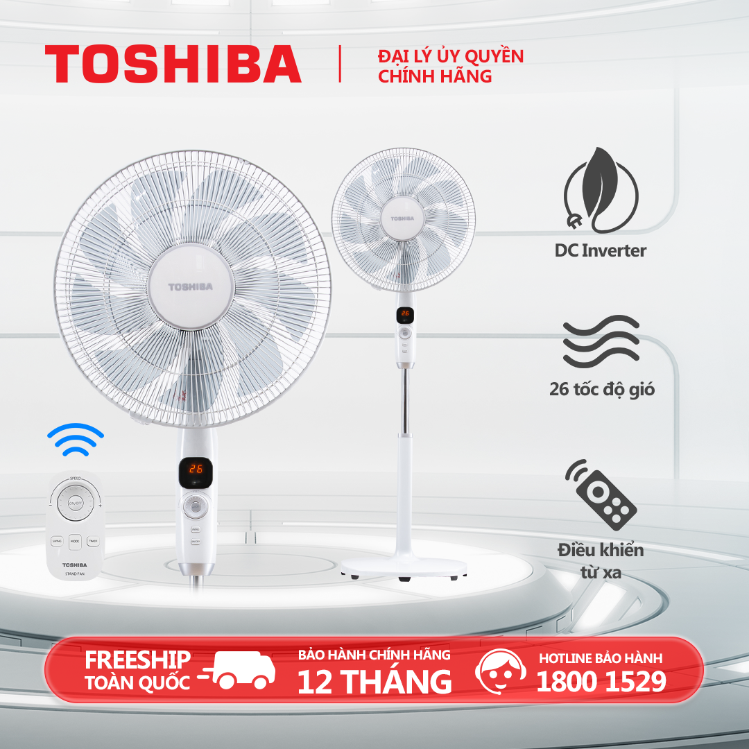 Quạt đứng Toshiba F-LSD10(W)VN - Điều khiển từ xa núm xoay vô cực - 9 cánh - DC inverter tiết kiệm điện 70% - 26 tốc độ gió - Vận hành siêu êm - Màn hình LED hiển thị - Hàng chính hãng bảo hành 12 tháng chất lượng Nhật Bản