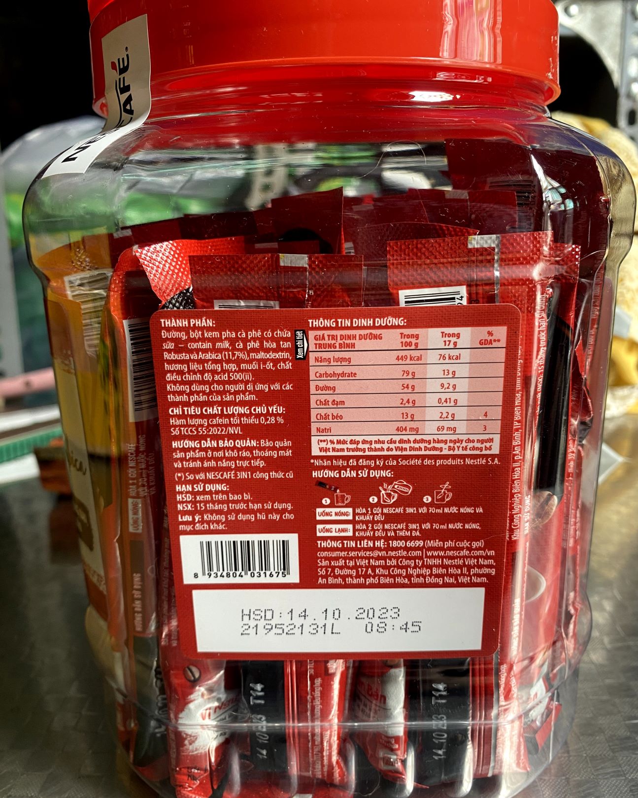 NESCAFE 3IN1 RANG XAY HÒA TAN - HỦ 850g (50 gói x 17g)