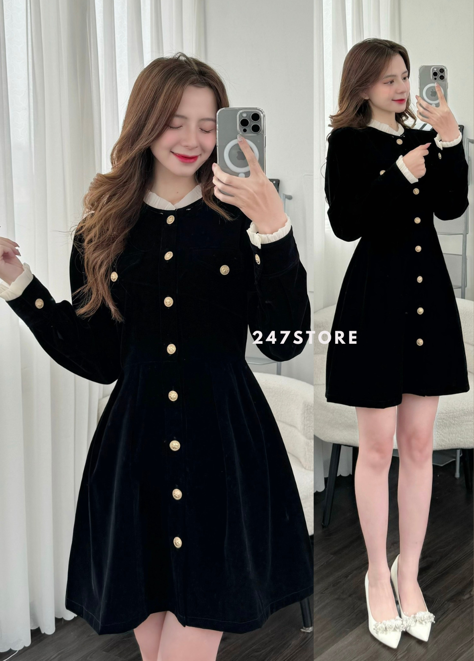 Váy nhung cổ bèo khuy đồng dáng ngắn - 247StoreFashion - Vaynhungcobeo3550__P0K28