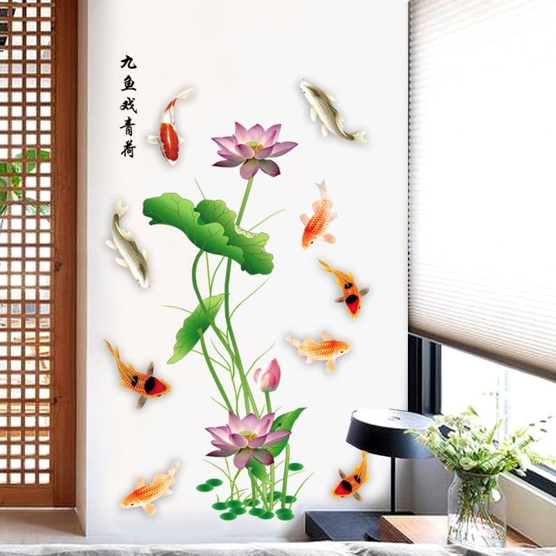 Decal dán tường cá chép hoa sen