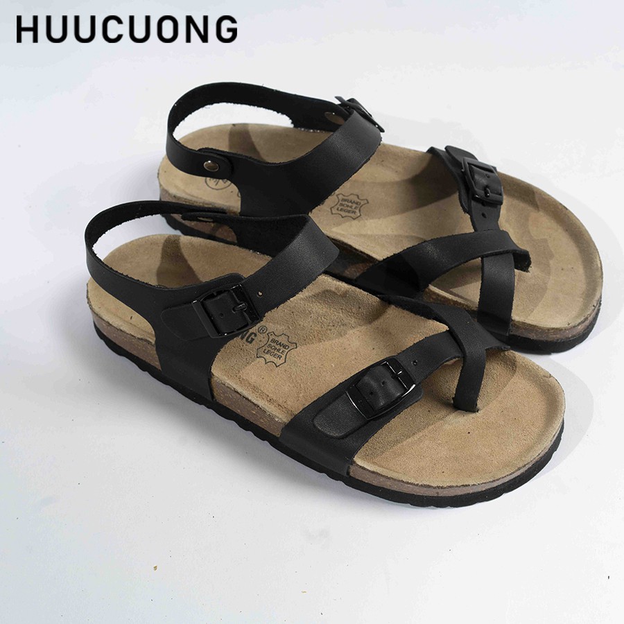 Sandal Unisex HuuCuong xỏ ngón da bò đen đế trấu handmade