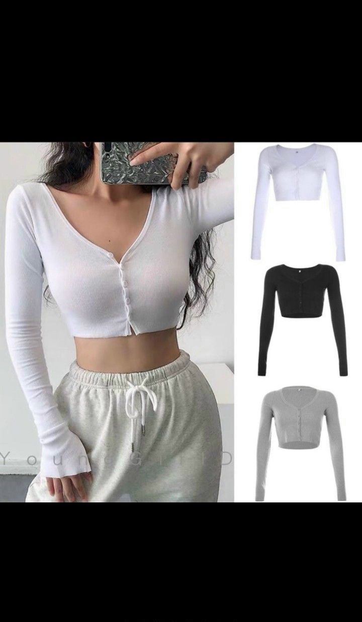Áo croptop cổ tim cài nút tay dài