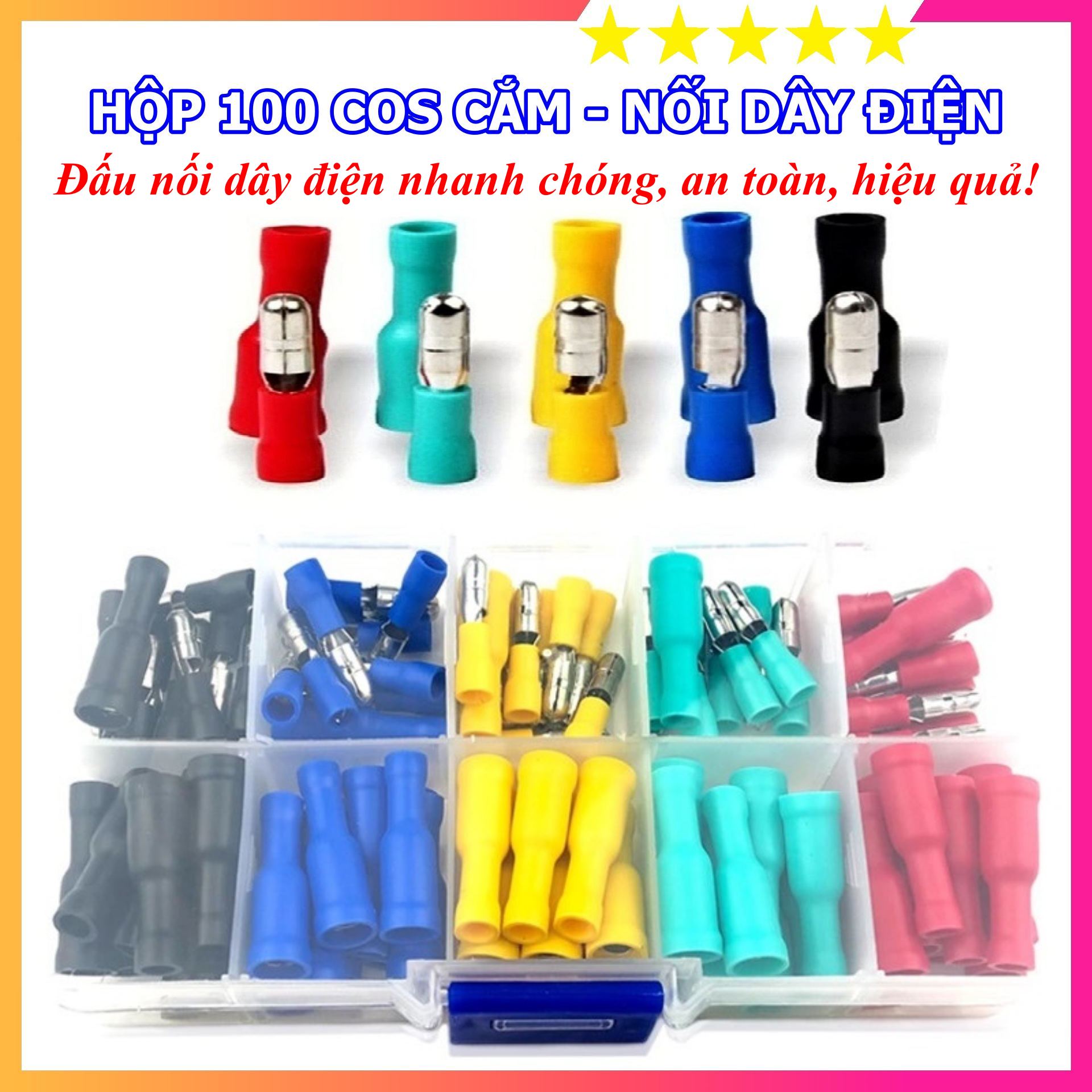 Hộp 100 cos cắm nối dây điện nhanh - bộ 100 đầu cos nối dây điện đực cái mpd và frd - thợ săn máy ngon