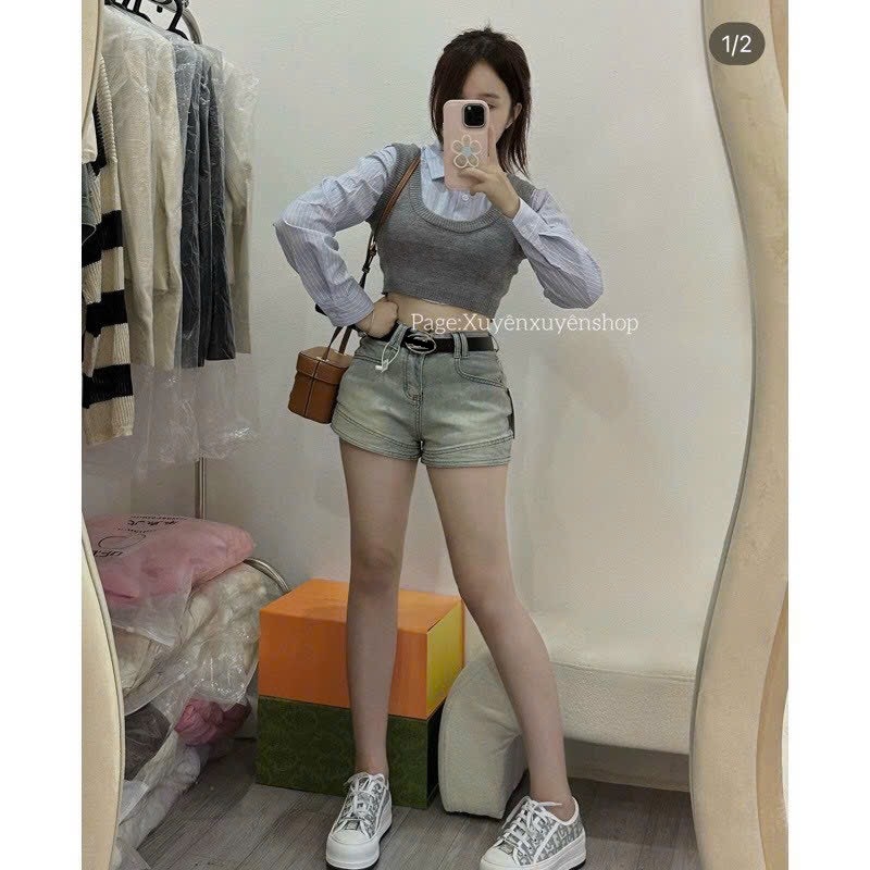 Quần Short Nữ Jean Lưng Cao Basic Lai Kiểu