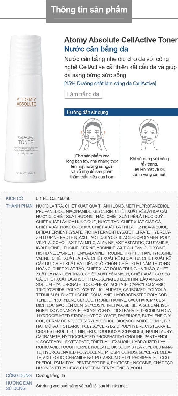 Nước Hoa Hồng Atomy Absolute Cellactive Toner Cấp Ẩm, Làm Sáng Và Tái Tạo Da Từ Bên Trong