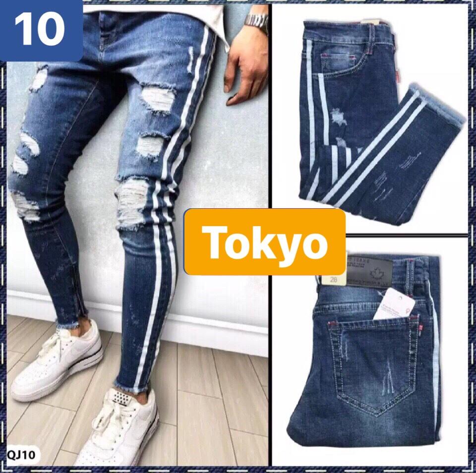 QUẦN JEAN NAM CHẤT BÒ XANH RÁCH 2 SỌC VIỀN SOÁI KA TOKYO-10 CAO CẤP -TOKYO FASHION