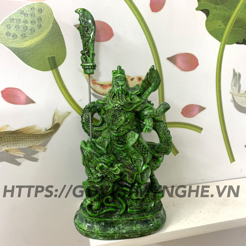 [HCM][Tượng Quan Công] Tượng đá phong thủy Quan Công cầm đao cưỡi Rồng - Cao 25cm - Màu Xanh Lục Bích