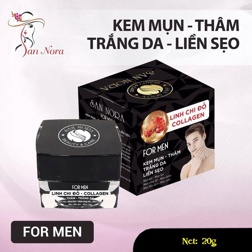 [HCM]KEM NGỪA MỤN - THÂM - TRẮNG DA - LIỀN SẸO DƯỠNG CHẤT LINH CHI ĐỎ VÀ COLLAGEN DÀNH CHO NAM SAN NORA (20G)