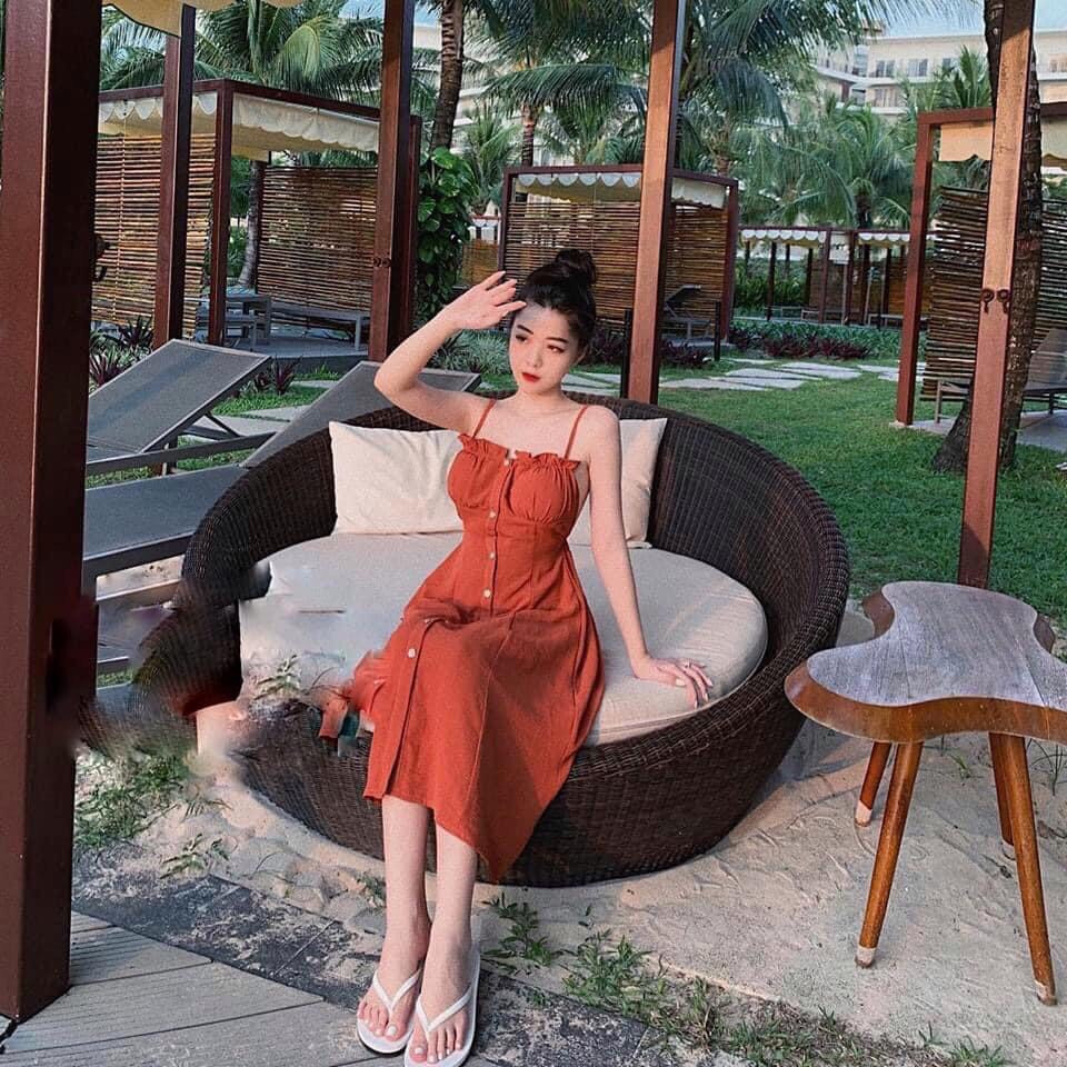 [HCM]Đầm 2 dây đính nút có mút ngực #dam2daydinhnutcomut