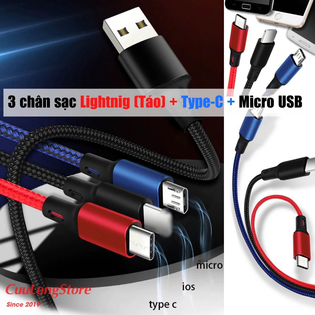 Cáp Sạc Đa Năng 2A Cho Điện Thoại 3 Đầu Sạc Bọc Dù Bền Chống Xoắn Gãy Gập, dây sạc điện thoại type c lightning micro usb