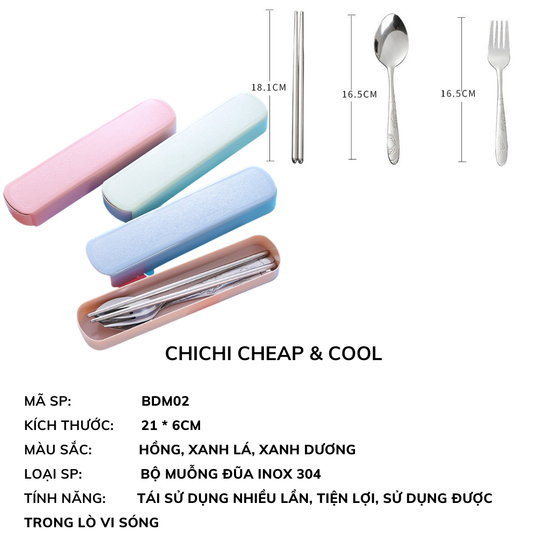 Bộ muỗng đũa nĩa inox cá nhân văn phòng du lịch dễ thương kèm hộp ChiChi BDM02