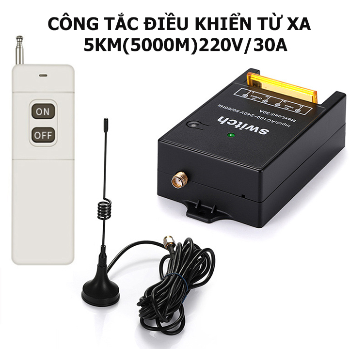 Công tắc điều khiển từ xa 5Km(5000m)/220V 30A có học lệnh tần số 433MHZ bật tắt máy bơm nước máy rửa xe công suất lớn