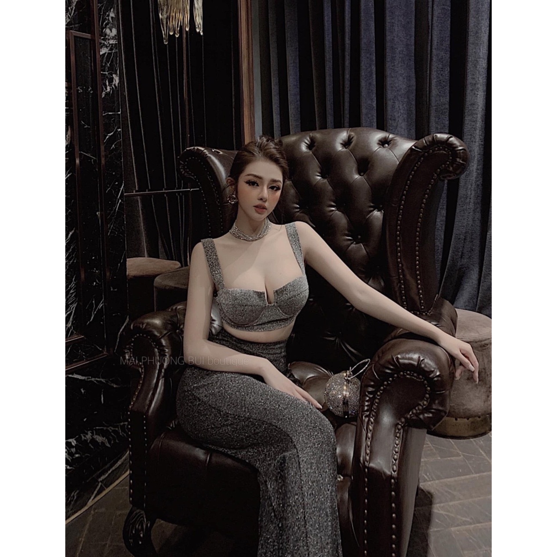 Sét áo croptop nhũ 2 dây quần suông