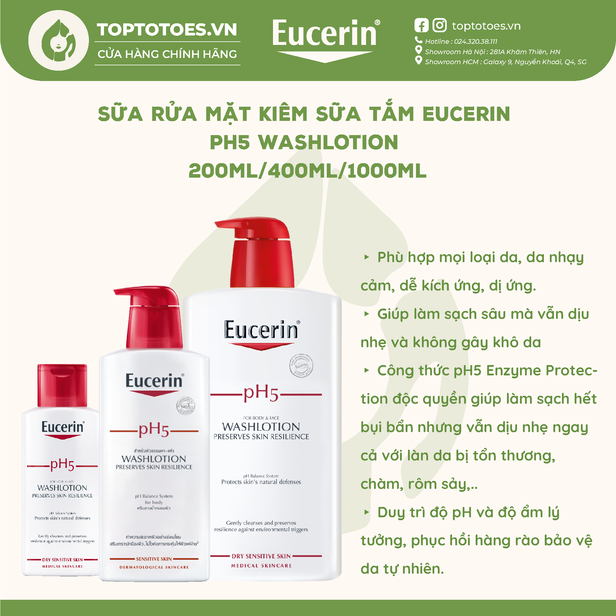 Sữa rửa mặt kiêm sữa tắm eucerin ph5 washlotion for body & face - 200ml/400ml/1000ml