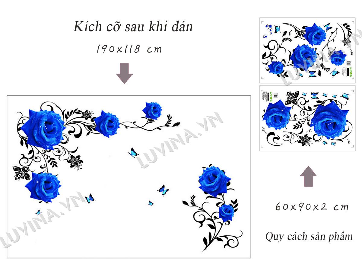 [HCM]DECAL DÁN TƯỜNG ĐÔI HOA HỒNG NHUNG ĐỎ VÀ XANH