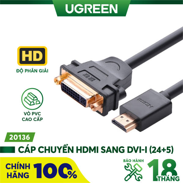 Cáp chuyển đổi HDMI đực sang DVI-I (24+5) cái dài 20Cm UGREEN 20136 (màu đen) - Hàng phân phối chính hãng - Bảo hành 18 tháng