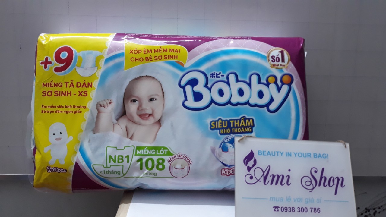 Miếng lót Bobby Newborn 1 108 miếng [+Tặng 9 miếng XS] MẪU MỚI