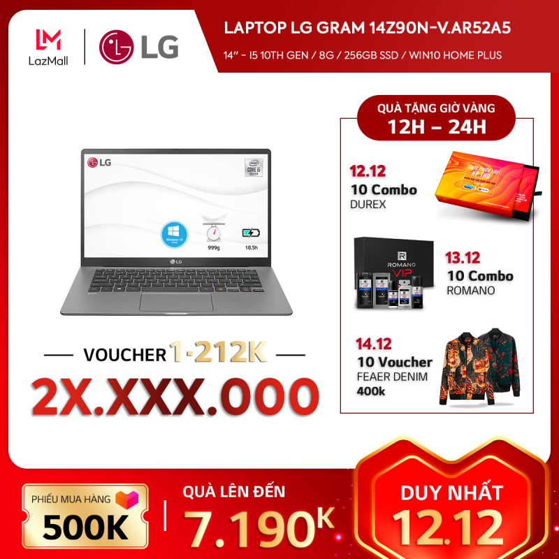 Laptop LG Gram 14 inches IPS FHD (1920 x 1080) (i5 10th Gen / 8G / 256GB SSD / Win 10) l 14Z90N-V.AR52A5 l Xám Bạc