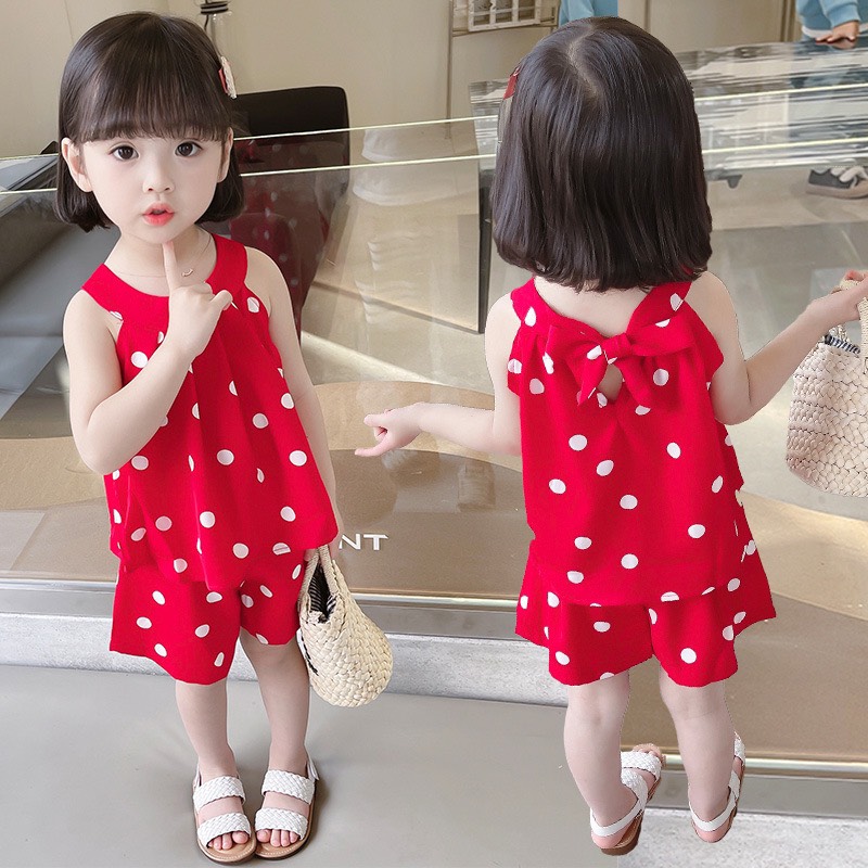 Bộ bé gái chấm bi đỏ sát nách XHN838