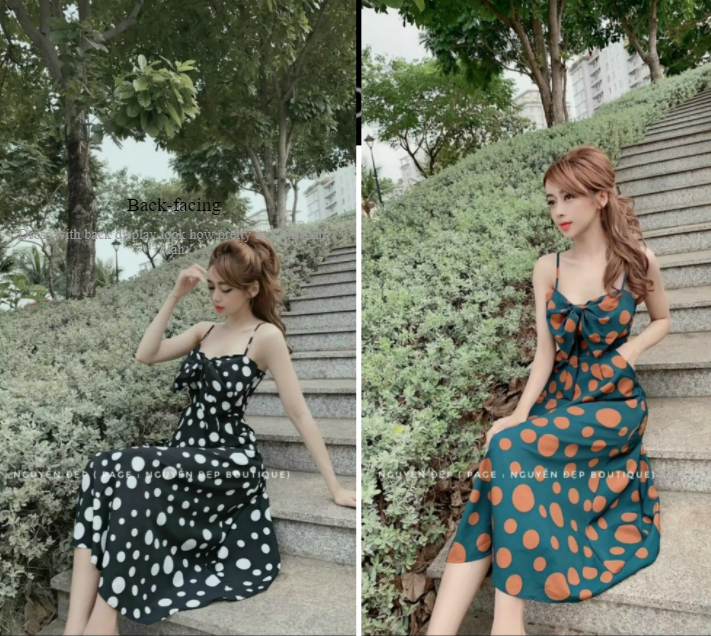 Đầm maxi hai dây nơ ngực họa tiết chấm bi
