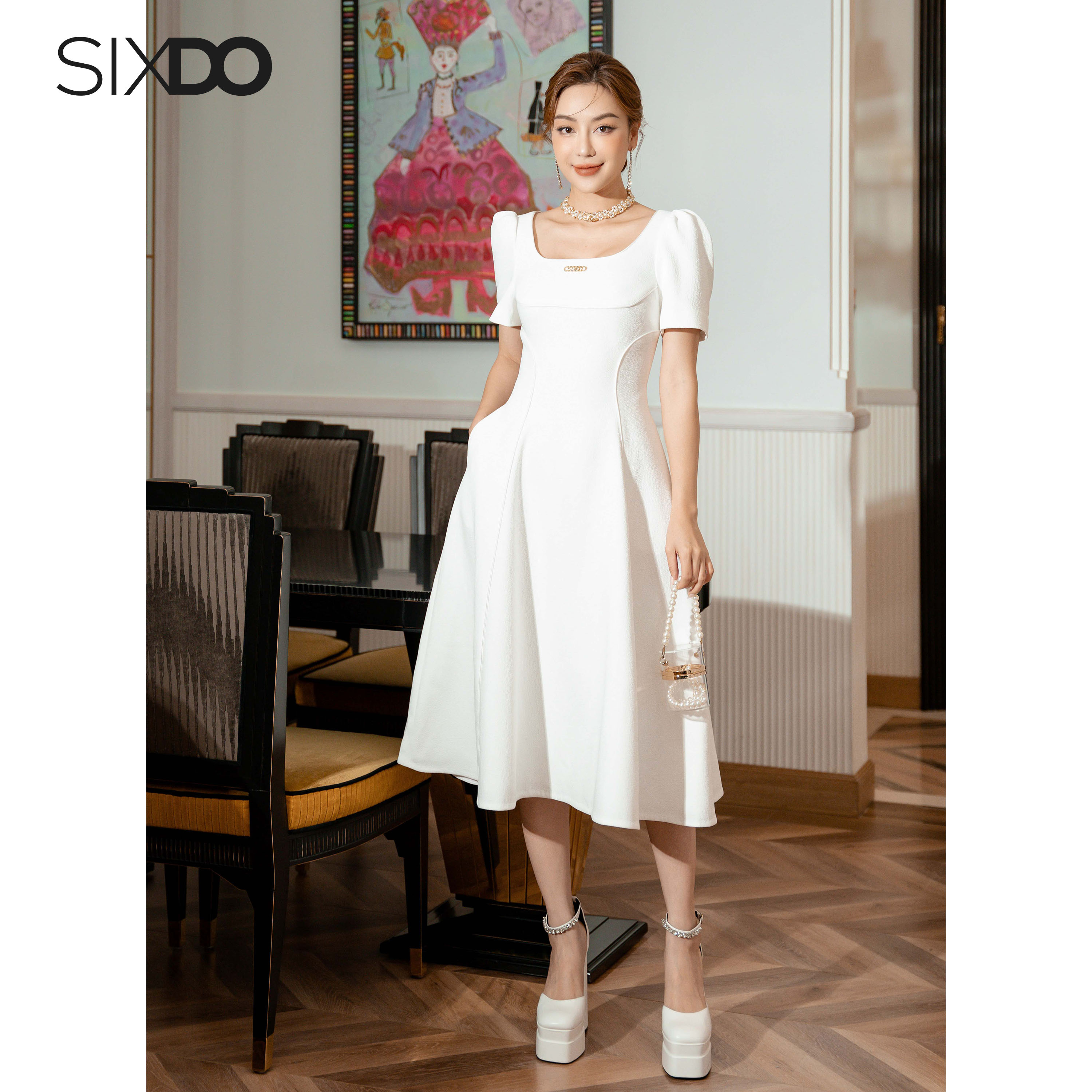 Đầm trắng cổ U dáng xòe SIXDO (White U-neckline Midi Woven Dress)