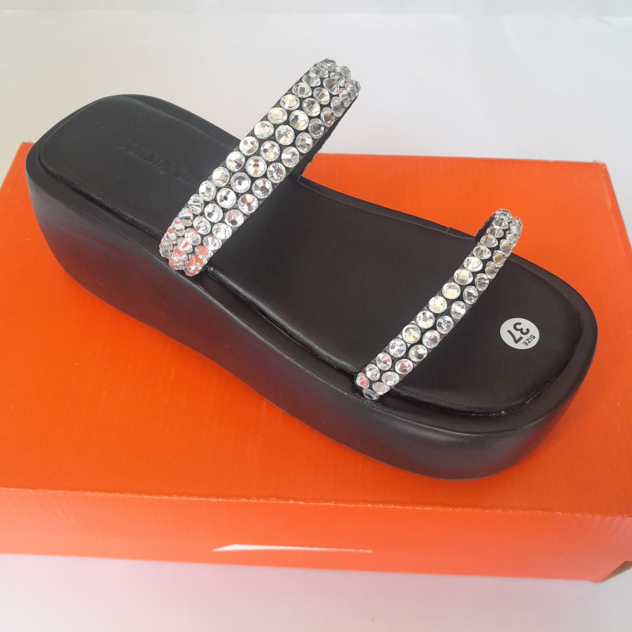 Dép nữ thời trang 2 quai ngang đế xuồng đính đá đế cao 7cm hkt shop dn375