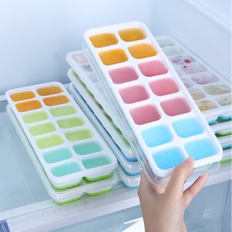 Combo 5 Khay làm đá thông minh , Khay đá silicon chống dính 14 ô có nắp đậy, Khay đá silicon dẻo, Khay đá tủ lạnh có nắp đậy, (KD14), Huy Linh