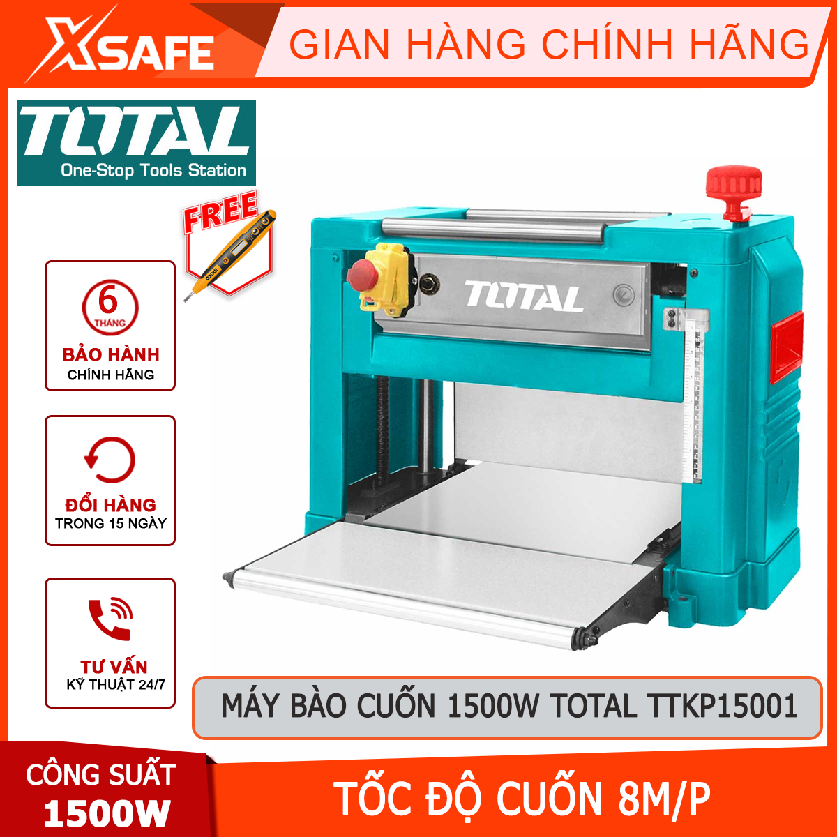 Máy bào cuốn TOTAL TTKP15001 | máy bào gỗ công suất 1500W chiều dài cắt tối thiểu 127mm chiều rộng cắt tối đa 318mm giúp cho bề mặt gỗ được nhẵn bóng để có thẩm mỹ và dễ dàng thiết kế hay chế tác
