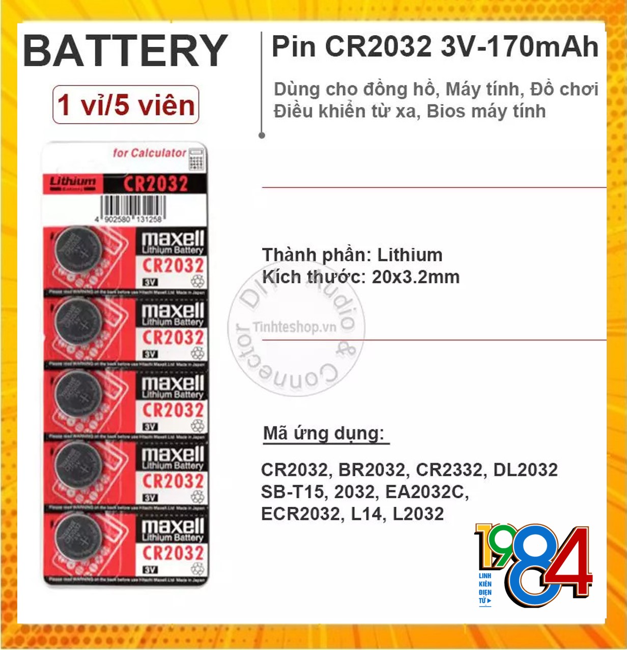 Vỉ 5 viên pin nút MAXELL CR2032 Lithium 3V