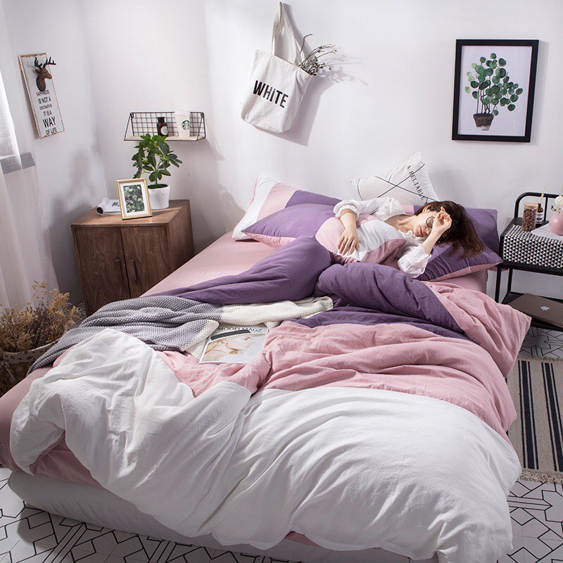 Trọn bộ 4 món chăn ga gối đũi cotton phối màu hồng tím
