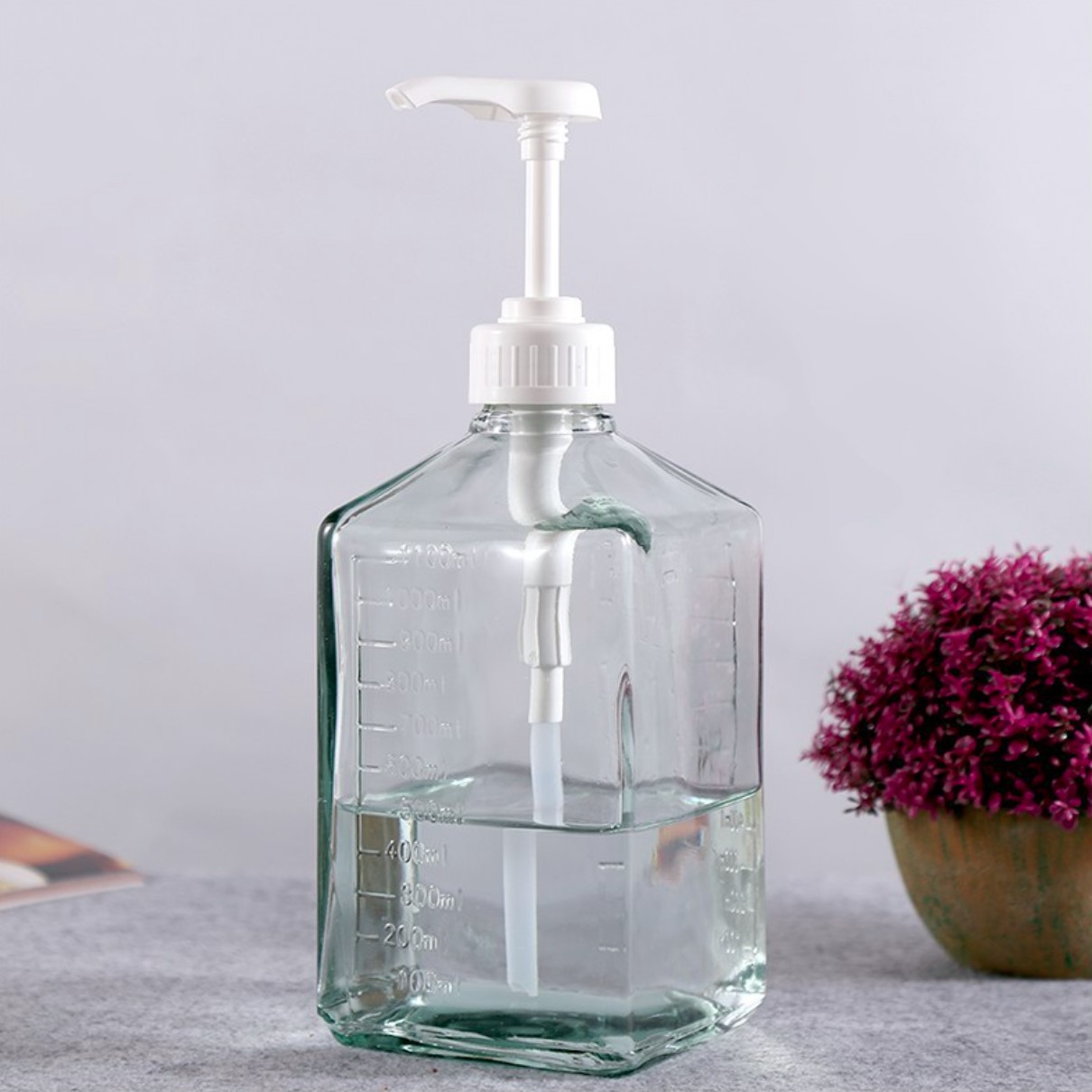 Bình đựng sirup thủy tinh có vòi bơm sirup, bơm đường, dung tích bình 1100ml