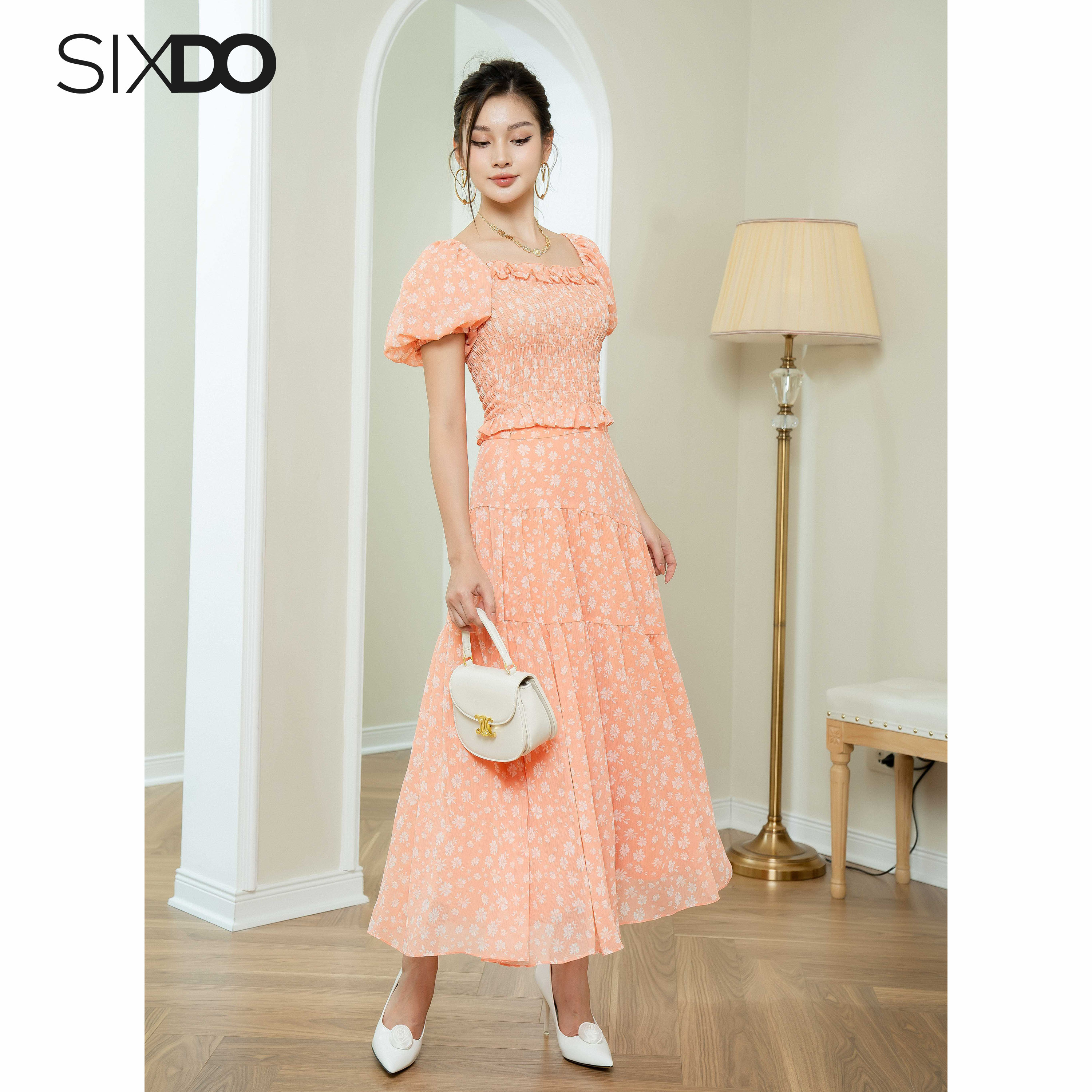 Chân váy voan hoa cam SIXDO (Light Orange Floral Midi Voile Skirt)