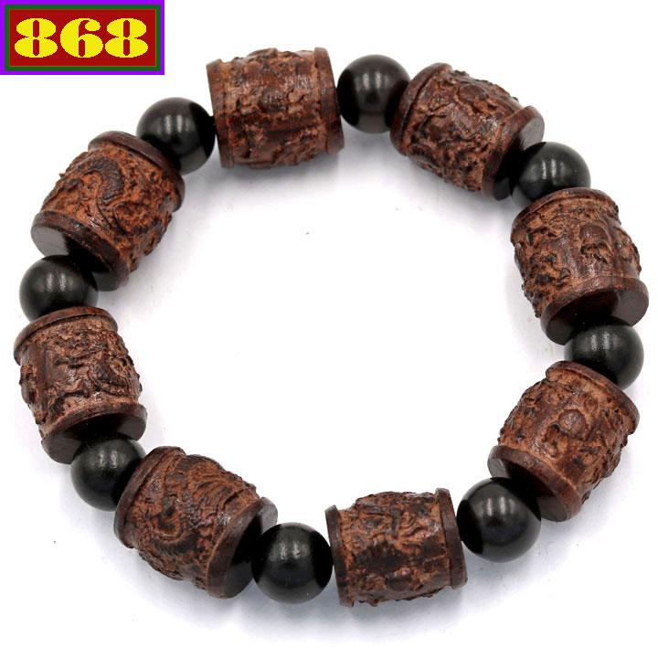 Vòng đeo tay trụ rồng gỗ đàn hương TRNM2 - Chuỗi hạt đeo tay gỗ phong thủy - Hạt chuỗi Size lớn
