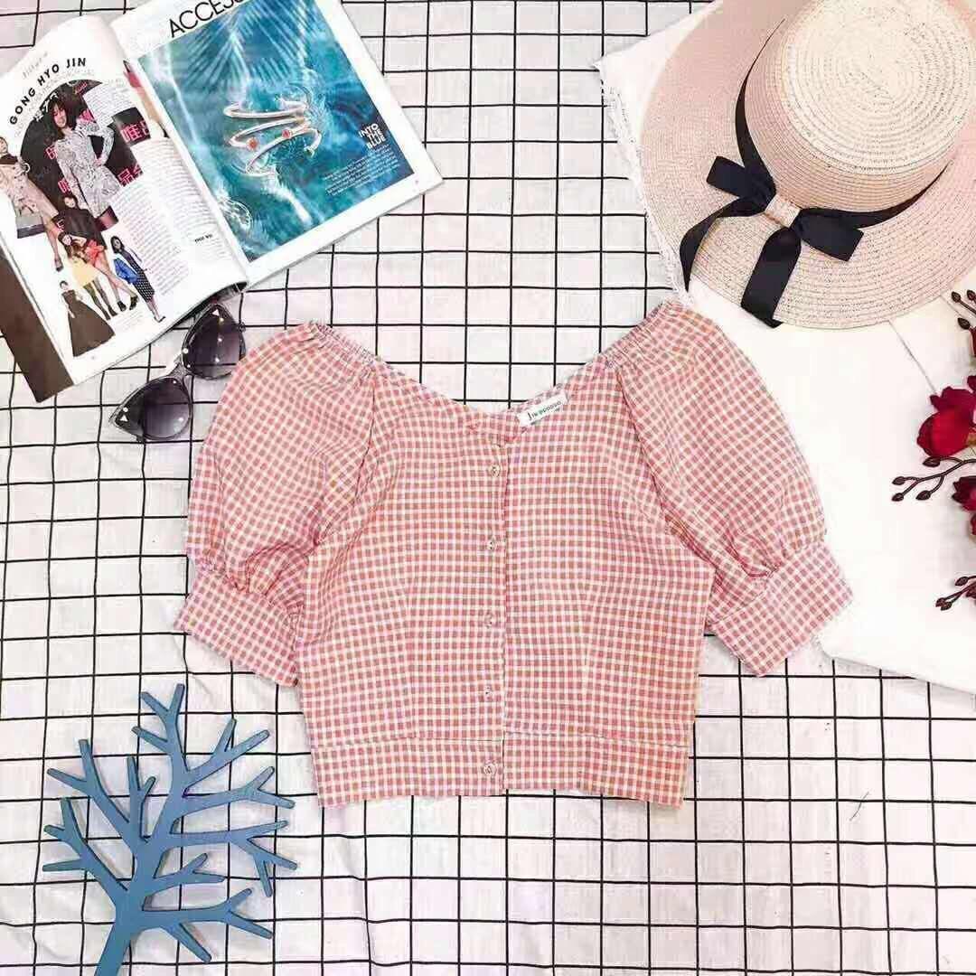 Áo Kiểu Sơmi Caro Croptop Tay Phồng Nữ Tính TTS0378
