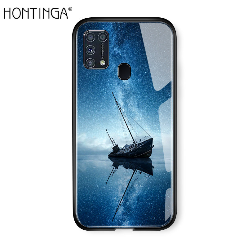 Hontinga For Samsung Galaxy M31 cASE Aurora Galaxy Space Sky Starry Gradient Casing Handphone Case Shockproof Tempered Glass Back Cover