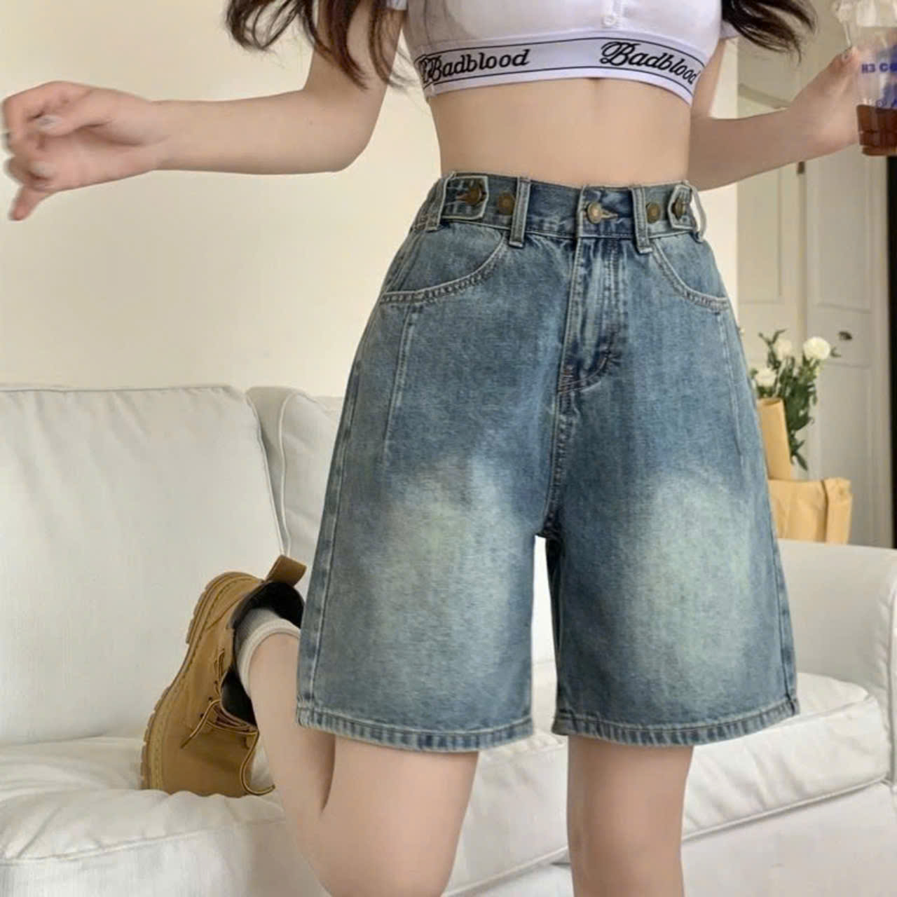 Quần jean denim nữ ống rộng dáng lửng ngố form basic cá tính size S,M,L, XL, XXL