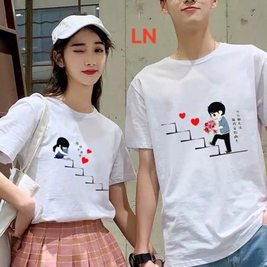 [HCM]Áo thun unisex Hàn Quốcáo thun cặp đôi  bậc thang hạnh phúc vải dày mịn/ giá 1 áo